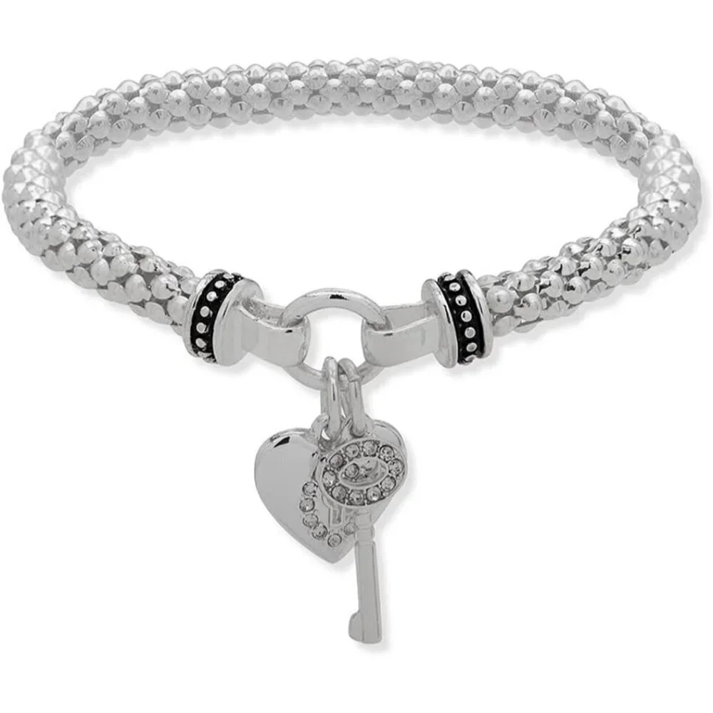 Women's Silver Tone Crystal Heart Key No Clasp Glass Base Stretch Bracelet